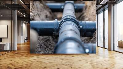 Close-up of PVC water pipes in a trench, highlighting an efficient plumbing installation at a summer cottage. Wall mural