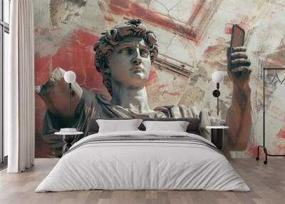 Contemporary artwork of a classical statue taking a selfie with a smartphone, blending ancient art with modern technology Wall mural