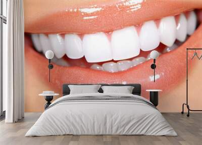 Detailed image of clean, polished white teeth, glistening under soft lighting, demonstrating flawless dental care Wall mural