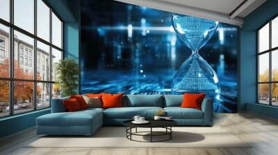 Digital hourglass with binary code flowing inside, rendered in blue and silver tones, representing the time passage of economic policies in a hyper-realistic style Wall mural