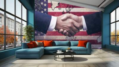 Double exposure of leaders shaking hands with the USA and China flags, world map background, symbolizing trade war resolution. Wall mural