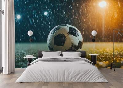 Dramatic shot of a soccer ball in motion on wet grass under bright lights, highlighting the action and energy of the game Wall mural