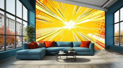 Dynamic yellow and orange starburst background with halftone, creating a bold comic-style visual. Wall mural