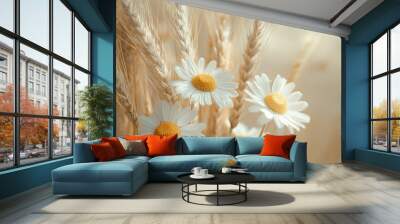 Elegant composition of chamomile flowers and wheat ears on a soft beige background, providing a natural and calming aesthetic Wall mural