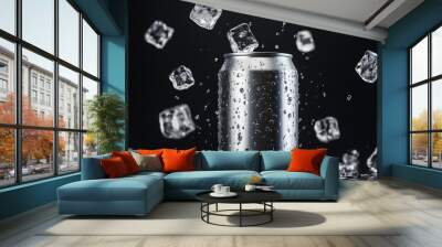 Empty aluminum can mockup with flying ice cubes and liquid splash, isolated against a sleek black background for a refreshing design Wall mural