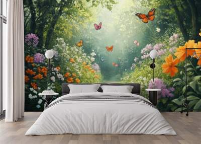 Enchanted forest path adorned with colorful flowers, butterflies dancing in the air, leading into a magical, nature-filled world Wall mural