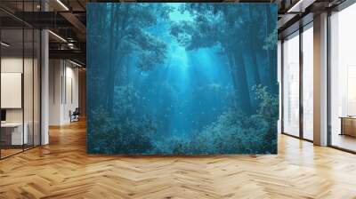 Ethereal blue light illuminates a dense forest with vibrant green foliage, evoking mystery and enchantment. Wall mural