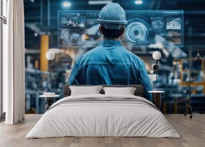 Factory worker viewing a holographic projection of machine internals, showcasing predictive maintenance technology and proactive issue resolution Wall mural