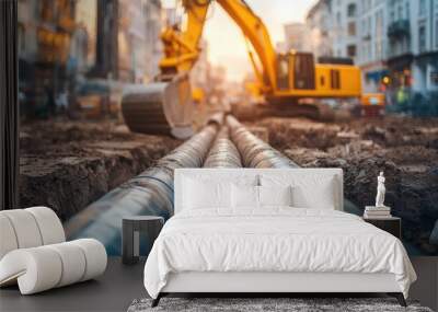 Focused view of water pipes at a construction site, with a yellow excavator in the blurred background, street setting. Wall mural