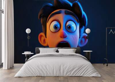 Frightened 3D cartoon character with a panicked expression, eyes wide in disbelief, capturing the moment of shock in a playful, exaggerated way. Wall mural