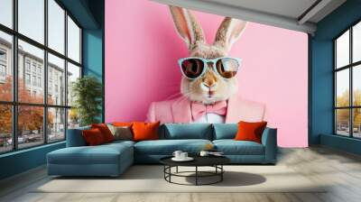 Fun and quirky Easter bunny sporting a suit and sunglasses, blending holiday fun with cool, fashionable style. Wall mural