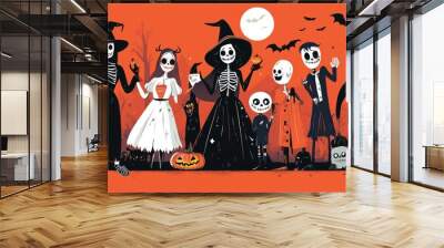 Fun and spooky Halloween costume ideas, including witches, skeletons, and zombies, illustrated for a playful design Wall mural