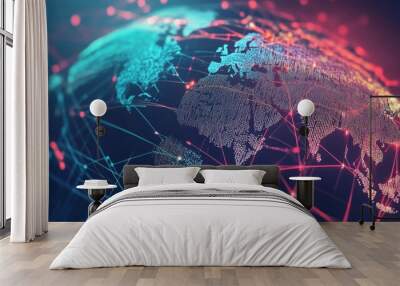 Futuristic digital world with global network lines connecting, symbolizing communication technology for internet business and global commerce Wall mural