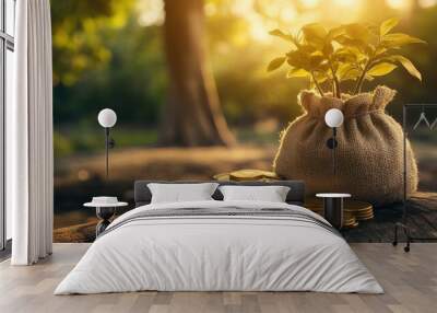 Gold coins and a money bag placed on wood, with a growing tree in the background, representing saving money and business investments in morning light. Wall mural