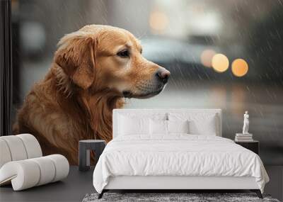 Golden retriever with a sad face braving heavy rain on the street, capturing the emotional and weathered scene. Wall mural