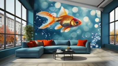 Goldfish soaring through the air, water droplets trailing behind, capturing the essence of breaking free from boundaries. Wall mural