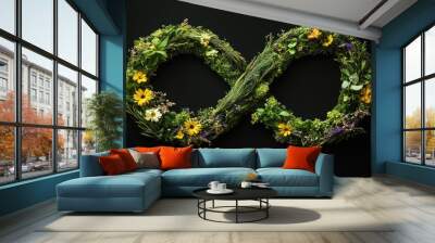 Green energy: An infinity symbol with flowers and greenery, symbolizing the transition to renewable energy sources. Wall mural