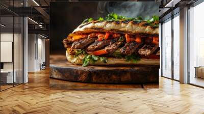 Grilled beef shawarma doner sandwich, steaming and perfectly sliced, resting on a wooden board, with space for text. Ideal for food menus. Wall mural