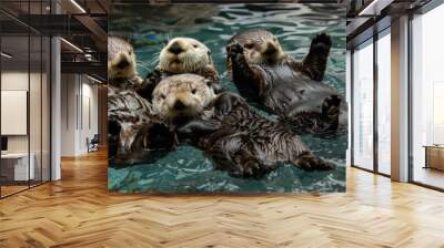 Group of playful sea otters floating on their backs Wall mural