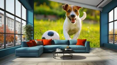 Happy dog playing with a soccer ball on the grass, lush green surroundings capturing its excitement and energy - Wall mural