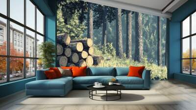 Illustrated pine forest with stacked logs, offering detailed and beautiful visuals of a peaceful outdoor scene. Wall mural