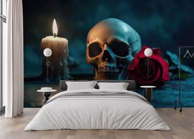 In the dead of night, a skull with a red rose and a candle emits a faint glow on a dark surface, creating a haunting yet romantic scene. Wall mural