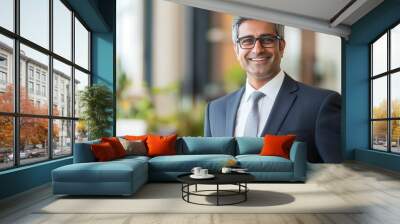 Indian Businessman in a Suit at a Conference: An Indian businessman in a well-tailored suit, giving a presentation at a professional conference, highlighting leadership and corporate culture. Wall mural