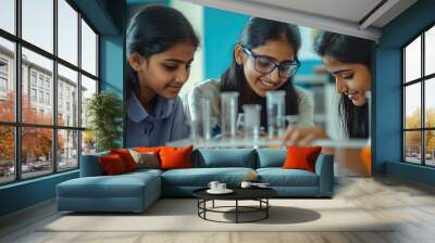 Indian Students Working on a Science Project: A group of Indian students collaborating on a science project, experimenting with test tubes and beakers in a school lab. Wall mural