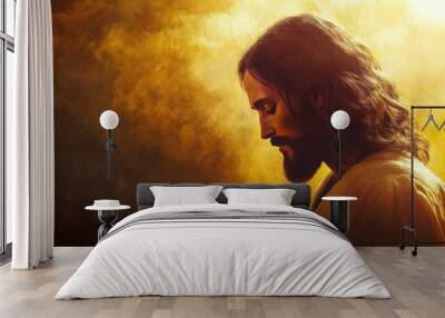 Jesus Christ serene portrait with a soft ethereal glow, compassionate expression, and muted tones. Subtle backlighting and gentle brushstrokes create a peaceful, spiritual aura. Wall mural