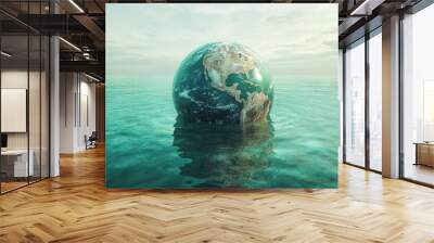 Melting Earth submerged in water, a stark image that underscores the urgent need to address global warming. Wall mural