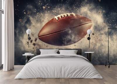 Mid-air capture of an American football in flight, surrounded by a cloud of particles, showing dynamic speed and impact against a dark, intense background. Wall mural