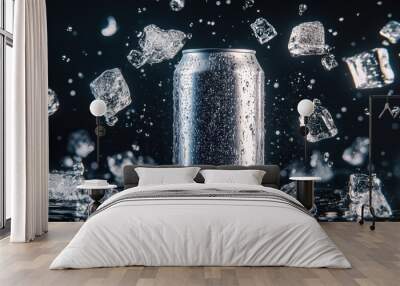 Mockup of an empty aluminum can surrounded by flying ice cubes and liquid splashes, set against a black backdrop Wall mural