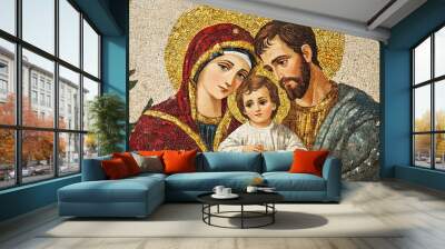 Mosaic of the Holy Family, with Jesus, Mary, and Joseph in an elegant, ancient art style, reflecting devotion and faith Wall mural