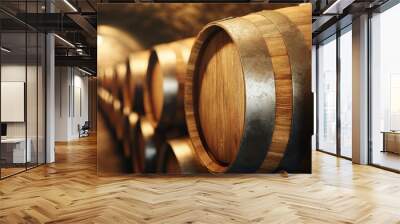 Neatly organized oak barrels in a dark, vintage wine cellar, highlighting the fine art of wine cellaring and aging Wall mural