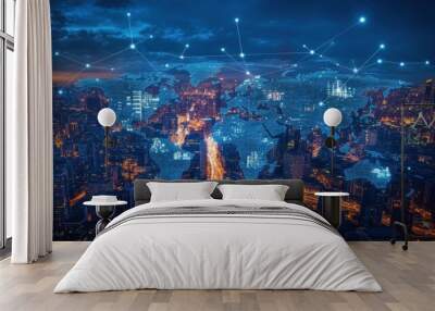 Network connections over a cityscape, illuminated by a digital world map. A concept of global electronics and IT market Wall mural