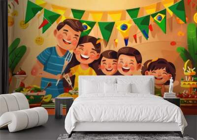 Patriotic illustration of a family celebrating Brazil's Independence Day with traditional food and decorations Wall mural