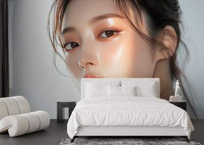 Perfectly styled young Asian woman with K-beauty makeup, showcasing her glowing skin on an isolated white background Wall mural