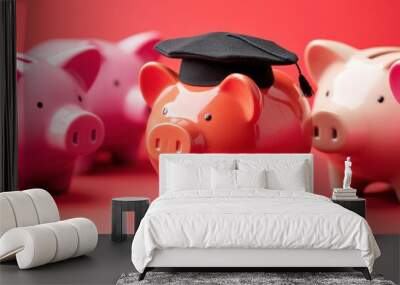 Piggy banks represent education funding, with one wearing a cap on a red backdrop, emphasizing financial planning for education Wall mural