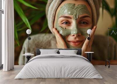 Portrait of a beautiful lady enjoying a revitalizing healing clay mask, radiating confidence and inner peace Wall mural