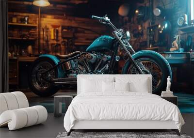 Retro-style custom Bobber motorbike in an authentic garage, highlighted by warm lighting, representing creativity and craftsmanship. Wall mural