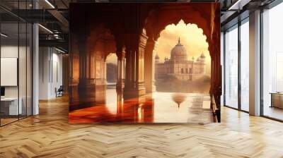 Romantic view of a majestic ancient Indian palace, with soft wind and a serene, historical setting. Wall mural