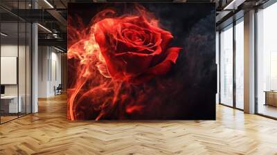 Rose-shaped red smoke floating against a black background, capturing a captivating and artistic visual. Wall mural