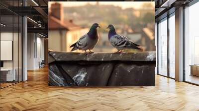 Rustic rooftop scene with two pigeons, symbolizing the coexistence of nature and urban life in a charming snapshot. Wall mural