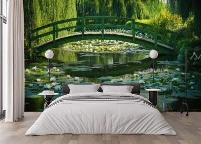 Scenic water garden at Giverny, France, green bridges arching over ponds filled with water lilies, a peaceful homage to Monet Wall mural