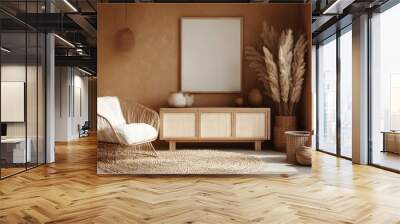 Serene anime-style boho interior with natural wood furniture, soft textures, and a blank wall for mockup, set against a calm brown backdrop. Wall mural