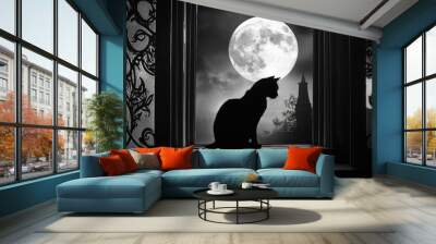 Silhouette of a cat on an ornate windowsill, framed by a moonlit night. The black and white contrast creates a dramatic, mysterious atmosphere Wall mural