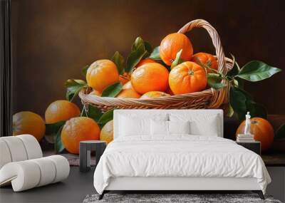 Still life of vibrant tangerines in a woven basket placed on a rustic wooden table, capturing the freshness and simplicity of the scene. Wall mural