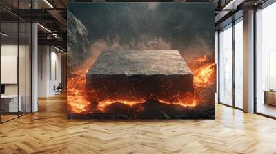 Stone podium in a volcanic landscape, lava flows and burning coals create a dramatic, fiery scene for product showcase. Wall mural