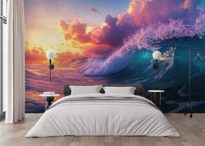 Stunning view of colorful giant ocean waves crashing under a vibrant sunset sky. Nature's beauty captured in motion. Wall mural