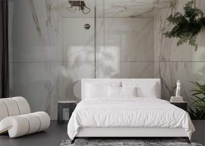 Stylish bathroom wall with white porcelain tiles and gray accents, seen from above to highlight its unique and elegant design Wall mural